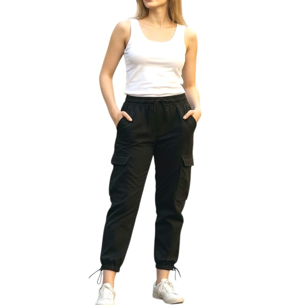 Mossimo Women Black Stretch Cargo Pants Straight Leg Drawstring Ankle SZ 12 NWT